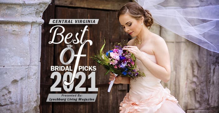 A bride in a blush gown and flowing veil holds a bouquet beside a wooden door, with "Central Virginia Best Of Bridal Picks 2021" overlaid.