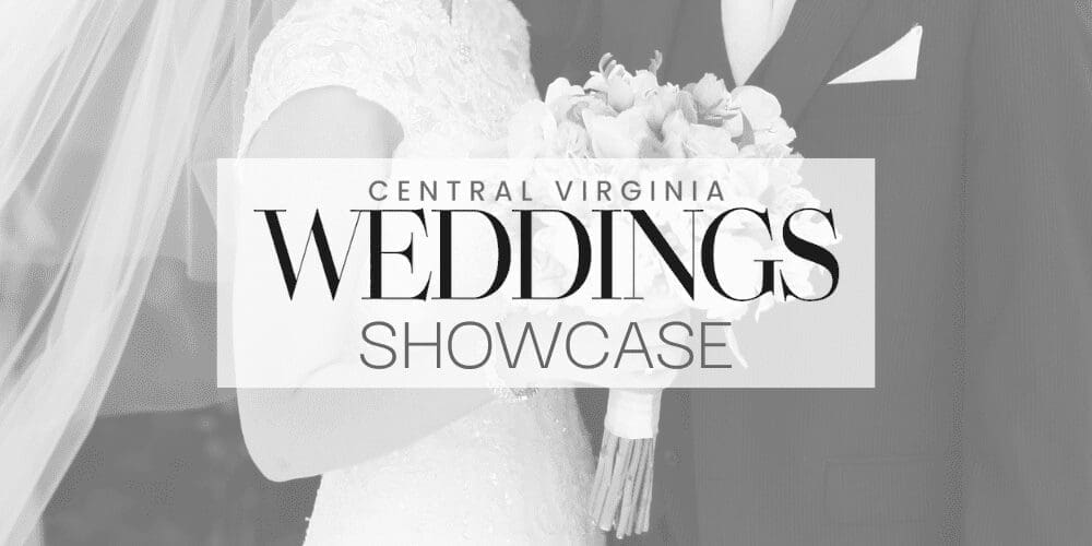 Black-and-white photo of a bride holding a bouquet beside a groom, with overlaid text "Central Virginia Weddings Showcase.