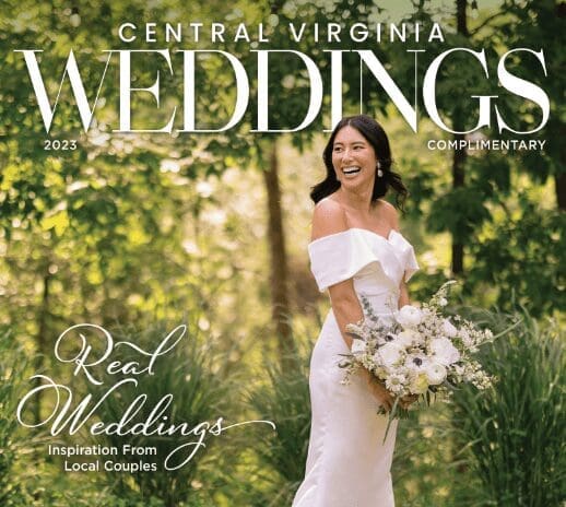Magazine cover for Central Virginia Weddings 2023 showing a smiling bride in an off-shoulder gown holding a white bouquet outdoors.