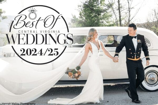A bride in a white gown holds hands with a groom in a black tuxedo beside a vintage white car, under a "Best Of Central Virginia Weddings 2024/25" badge.